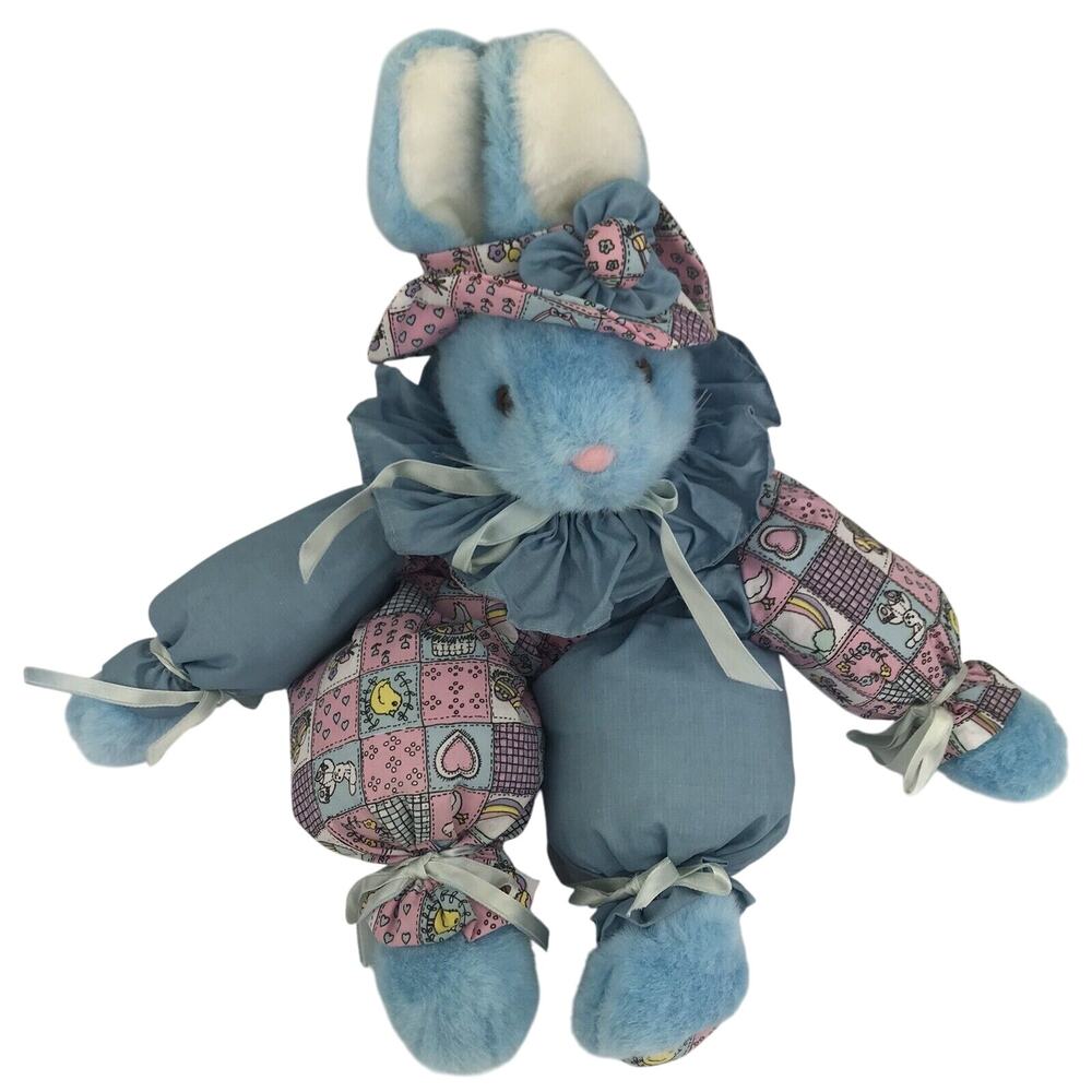 Vintage Joelson Bunny Rabbit Plush 17" Blue Patchwork Ruffle Stuffed Animal 1994